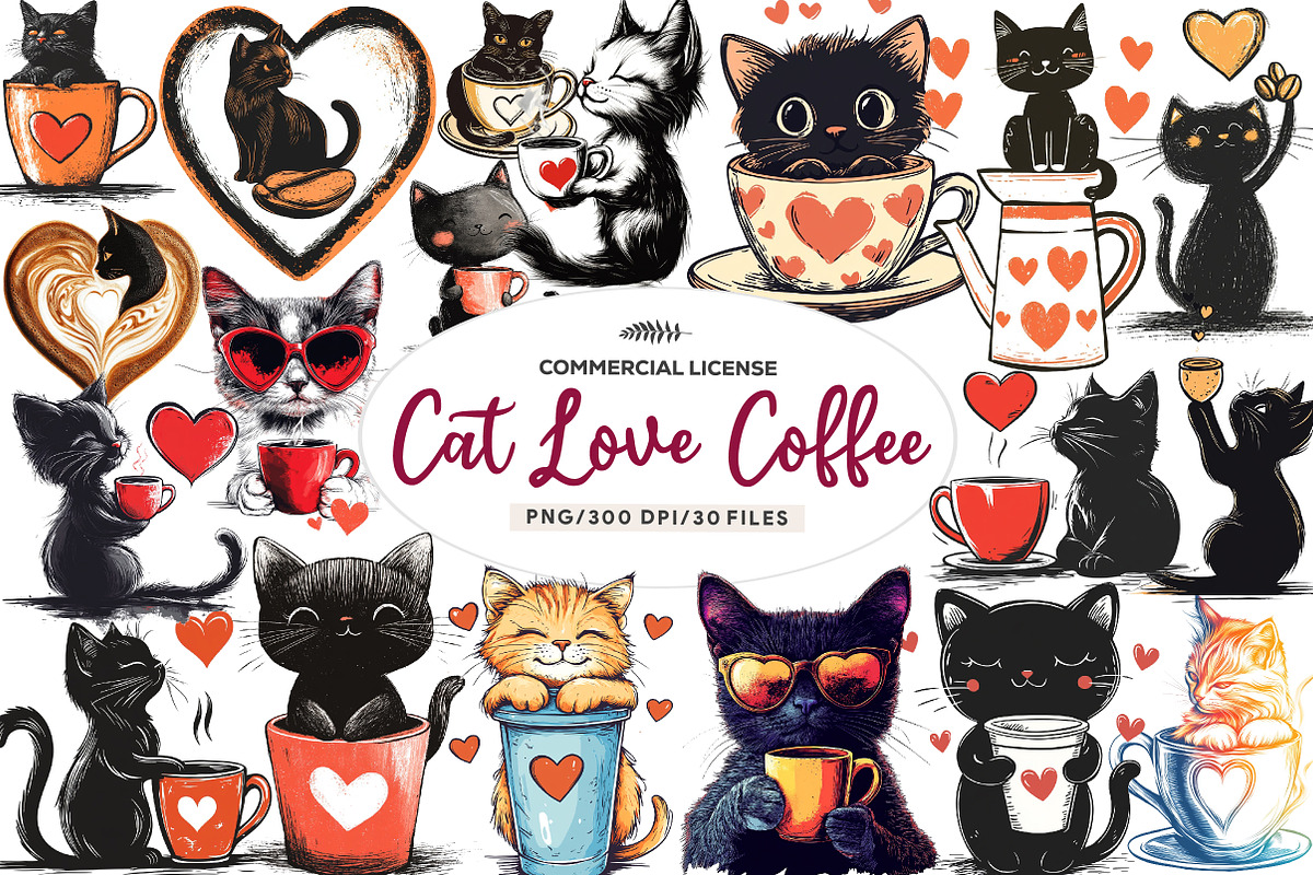 Cat Silhouette Love Coffee Clipart, an Illustration by CreationArt (Photo 1 of 9)