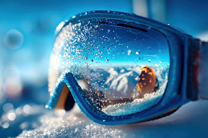 Ski goggles reflecting snowy mountain peaks, a Sports & Recreation Photo by AlyaAnd