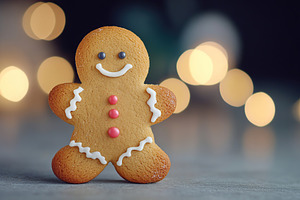 Christmas gingerbread man cookie on blurred lights background, a Food & Drink Photo by AlyaAnd