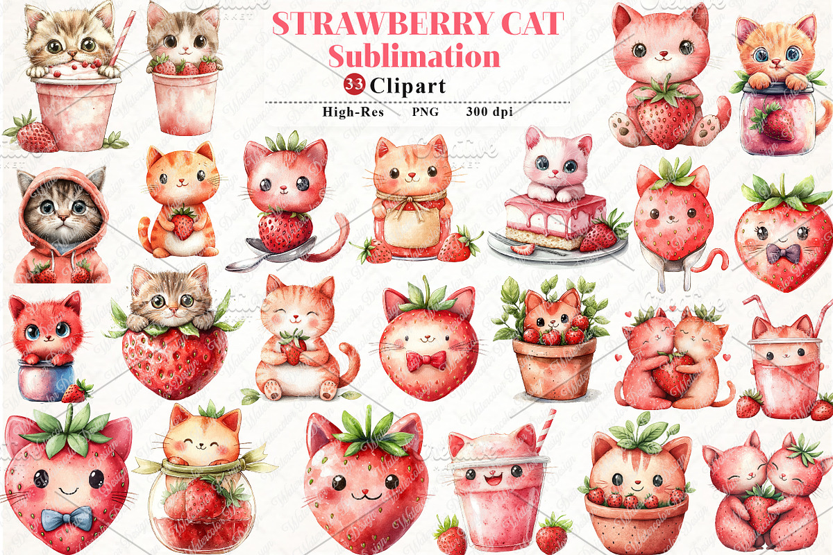 Strawberry Cat Sublimation Clipart, an Illustration by Watercolor design (Photo 1 of 12)