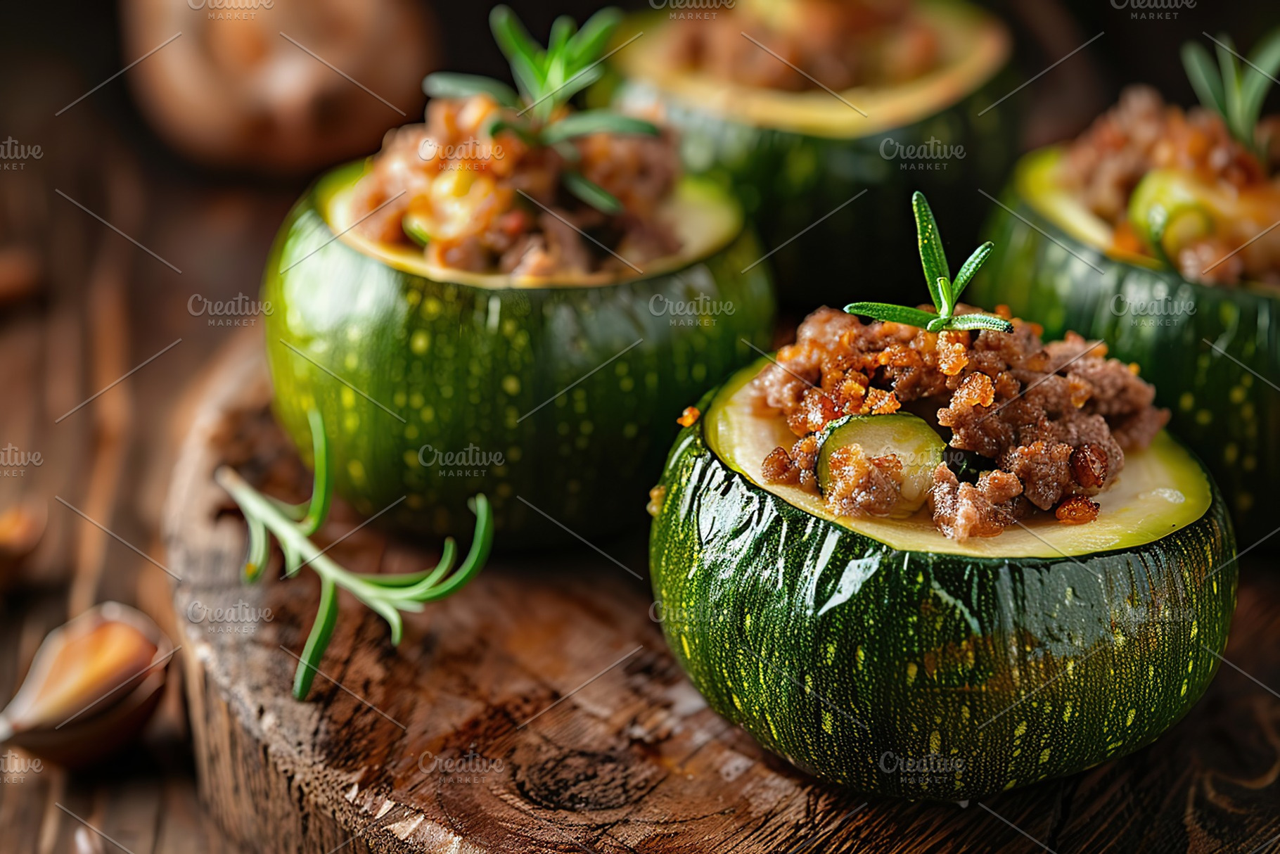 Zucchini stuffed with cheese and meat on wooden table, a Food & Drink Photo by AlyaAnd