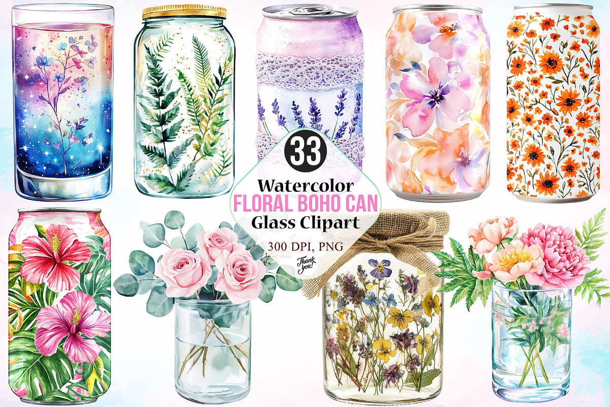 Watercolor Floral Boho Can Glass PNG, an Illustration by Canvas Craft (Photo 1 of 5)