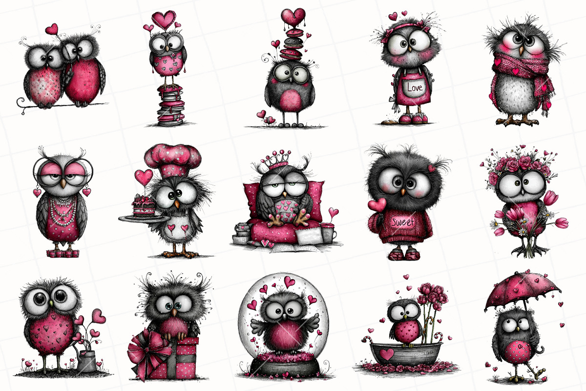 Whimsical Valentine Owl Clipart, an Illustration by OK Design (Photo 3 of 6)