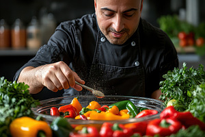 Chef seasoning colorful bell peppers, a Food & Drink Photo by Pixeness Studio