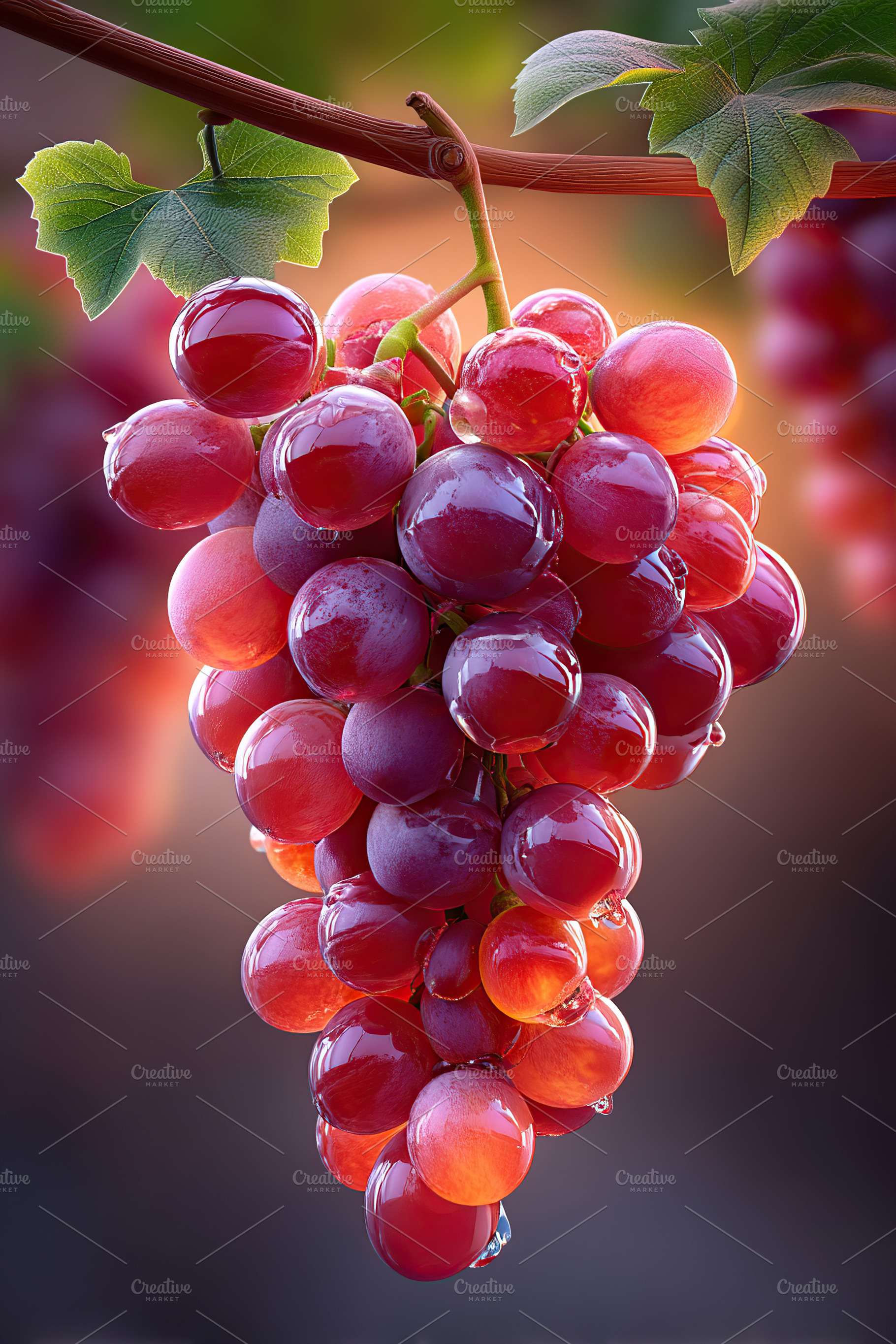 Juicy bunch of grapes hanging on a vine in a vibrant garden during golden hour, a Food & Drink Photo by AlyaAnd