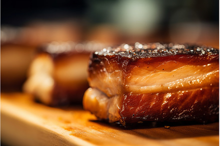Fried sliced pork on wooden board, a Food & Drink Photo by Ylivdesign