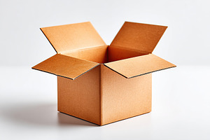 Brown cardboard box with flaps up sits on a clean surface in a bright indoor sp, a Photo by AlyaAnd
