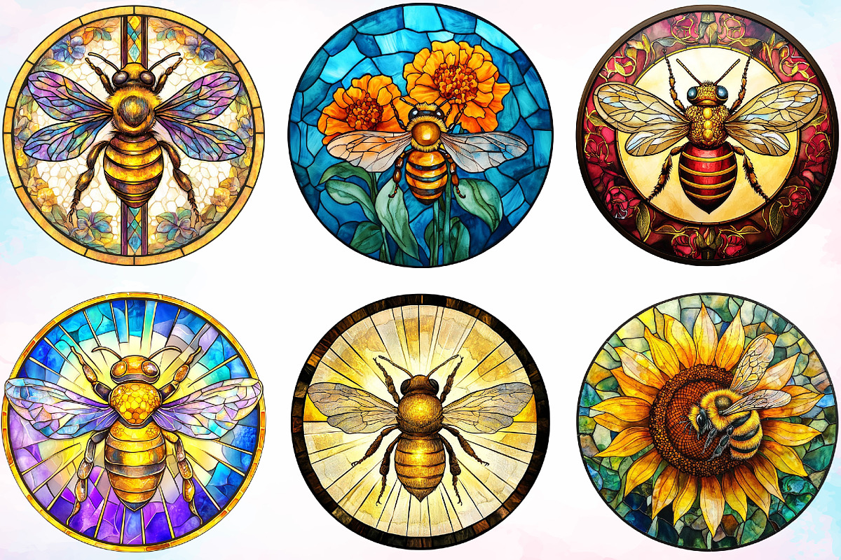 Bee with Flowers Round Stained Glass, an Illustration by Canvas Craft (Photo 3 of 4)