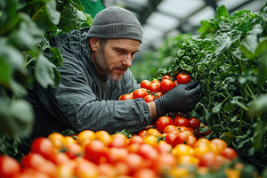 Man harvesting ripe tomatoes in a gr, a Photo by Tanuart