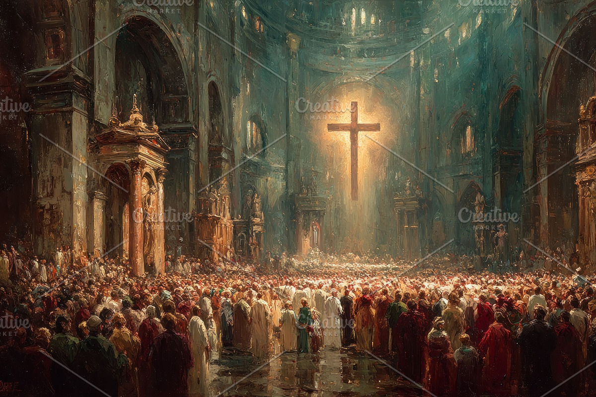 Vast cathedral interior filled with worshipers under a radiant c, an Illustration by José Manuel Gelpi