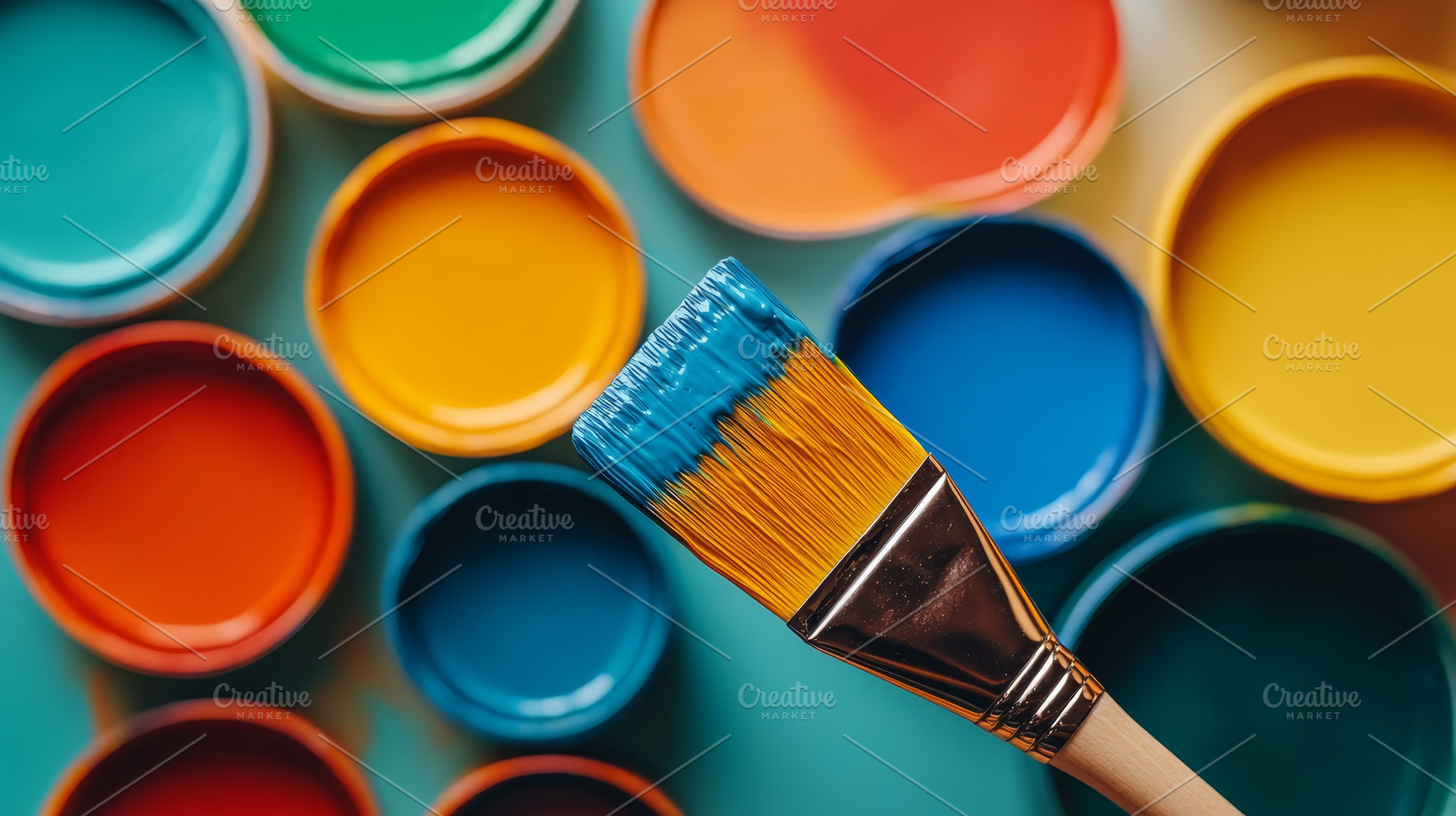 Bright paint containers and brush on colorful surface, an Abstract Photo by Natalia Klenova's Shop
