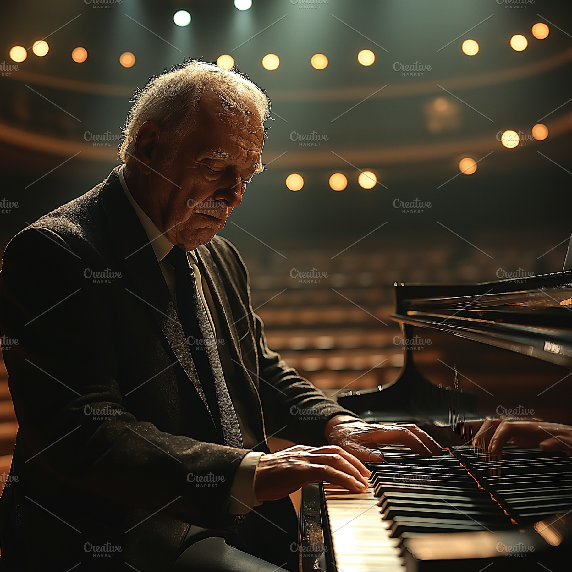 An elderly Caucasian man deeply absorbed in playing a grand piano on a dimly li, a Background Photo by ImageMir