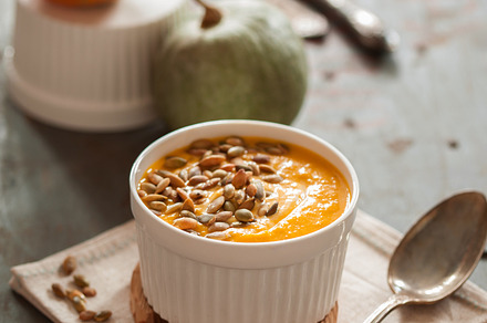 Pumpkin soup containing soup, pumpkin, and lunch