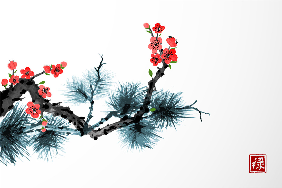 Japanese painting sumi-e. Flowers, a Decorative Illustration by Elina_Li (Photo 6 of 15)