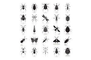 Insects Drop Shadow Black Glyph Icons Set