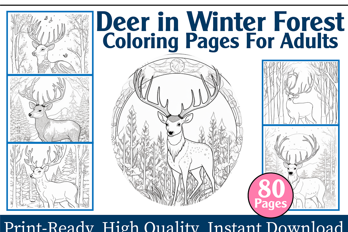 Deer in Winter Forest Coloring Page, an Animal Illustration by maggiesar (Photo 1 of 4)