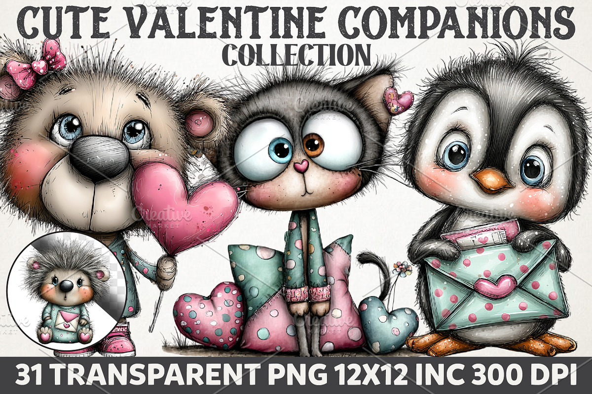Cute Valentine Companions Watercolor, an Illustration by RobertsArt (Photo 1 of 7)