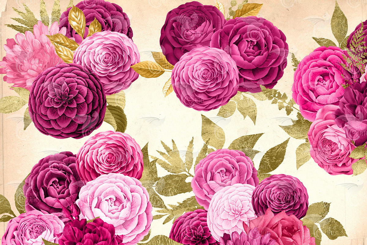 Hot Pink and Gold Bouquets Clipart, an Illustration by Digital Curio