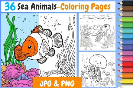 36 Sea Animal Coloring Pages, an Animal Illustration by shopcosm