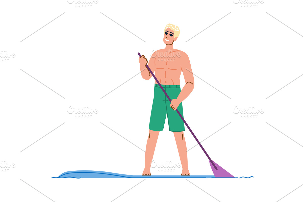 Smiling man paddle boarding in ocean, a Sport Illustration by pikepicture