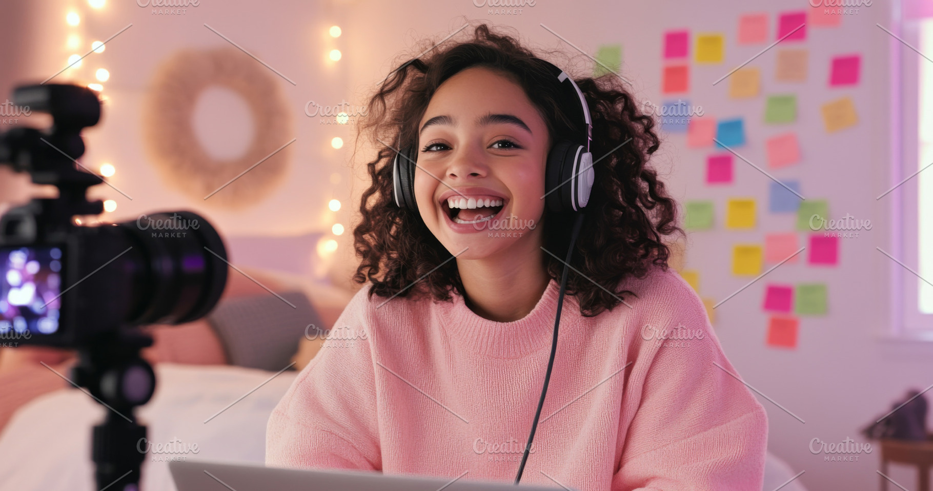 Smiling young woman recording video, a Photo by Dvoevnore photos