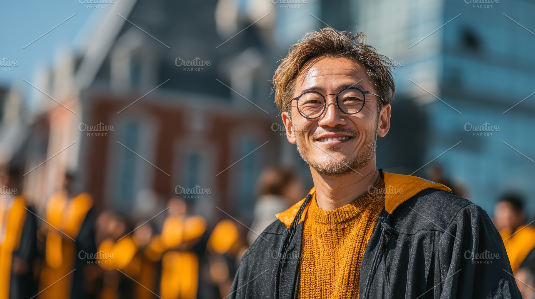 Happy asian graduate in academic gown celebrating outside with group of classma, a Photo by AS photostudio