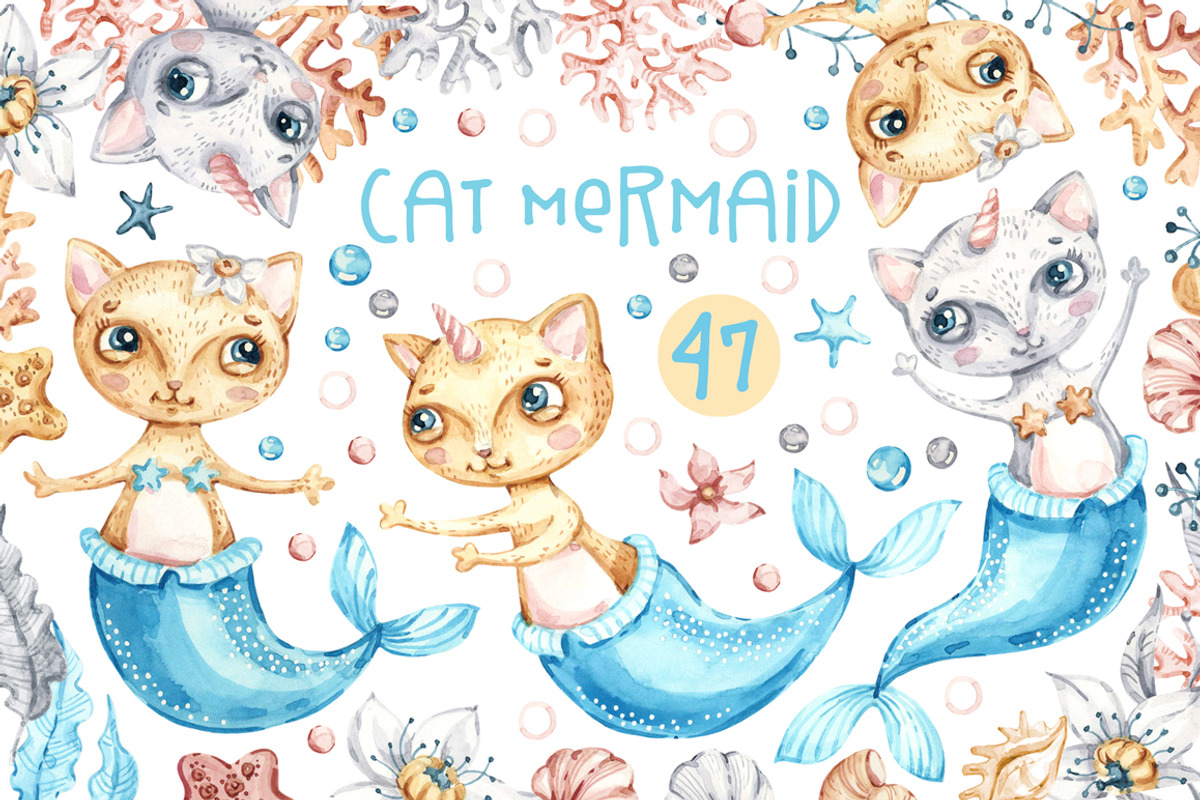 Cat Mermaid watercolor clipart, an Animal Illustration by UlitkaStudio (Photo 1 of 10)