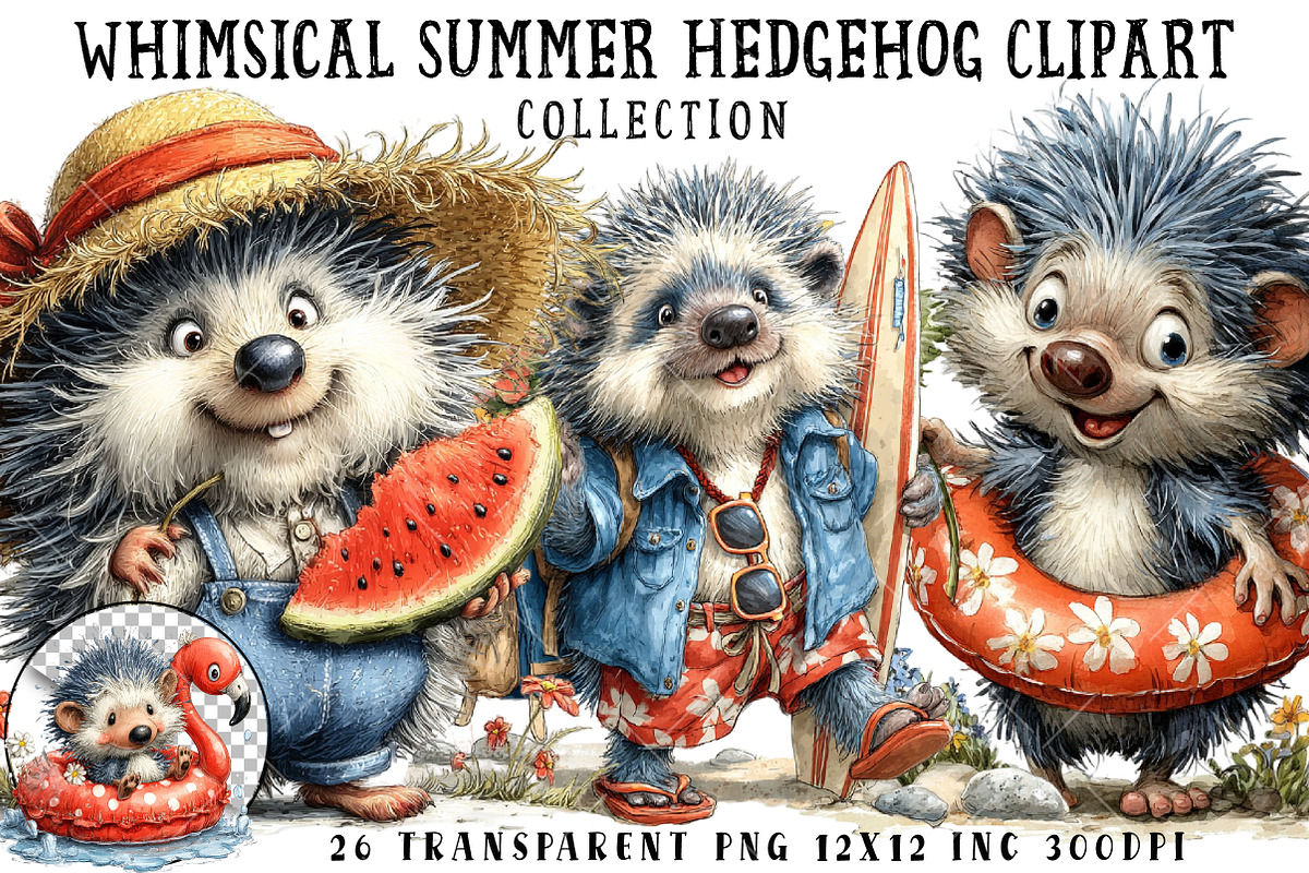 Whimsical Summer Hedgehog Clipart, an Illustration by OK Design (Photo 1 of 6)