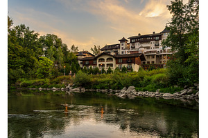 Hotel at dawn by River Wenatchee in, a Nature Photo by Backyard Stock