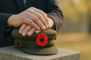 Armistice remembrance day with hands, a Photo by Dvoevnore photos
