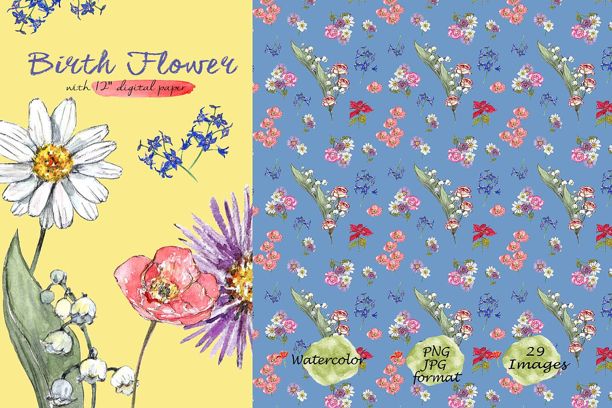 Birth Flower Clipart Digital Paper, a Decorative Illustration by VianneArt (Photo 1 of 9)