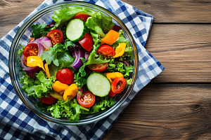 Fresh salad with vegetables in bowl, organic healthy food, a Food & Drink Photo by AlyaAnd