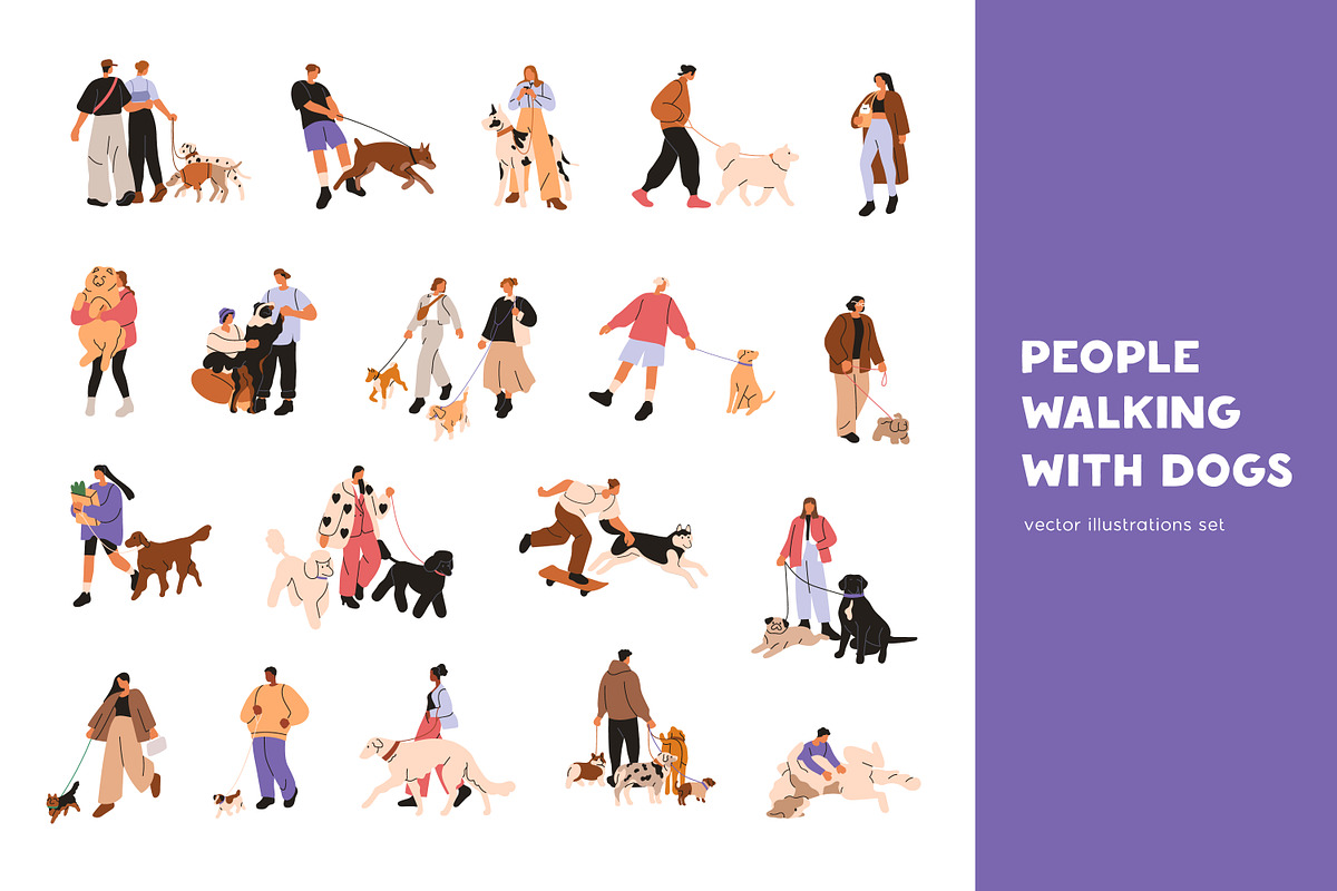 People, pet owners walking dogs set, an Animal Illustration by Good Studio (Photo 1 of 5)