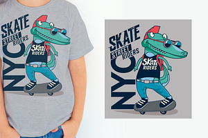 Cute Skater Crocodile Vector Design