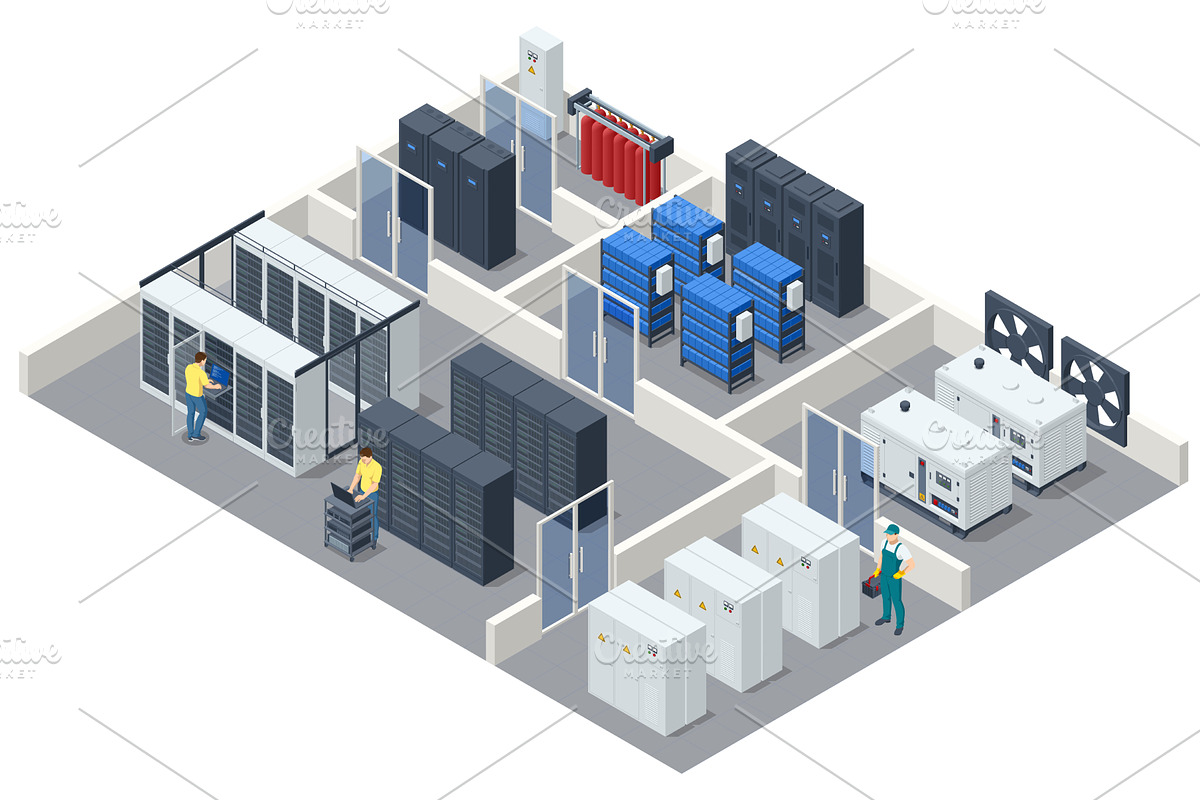 Isometric Network computing, a Technology Illustration by Golden Sikorka
