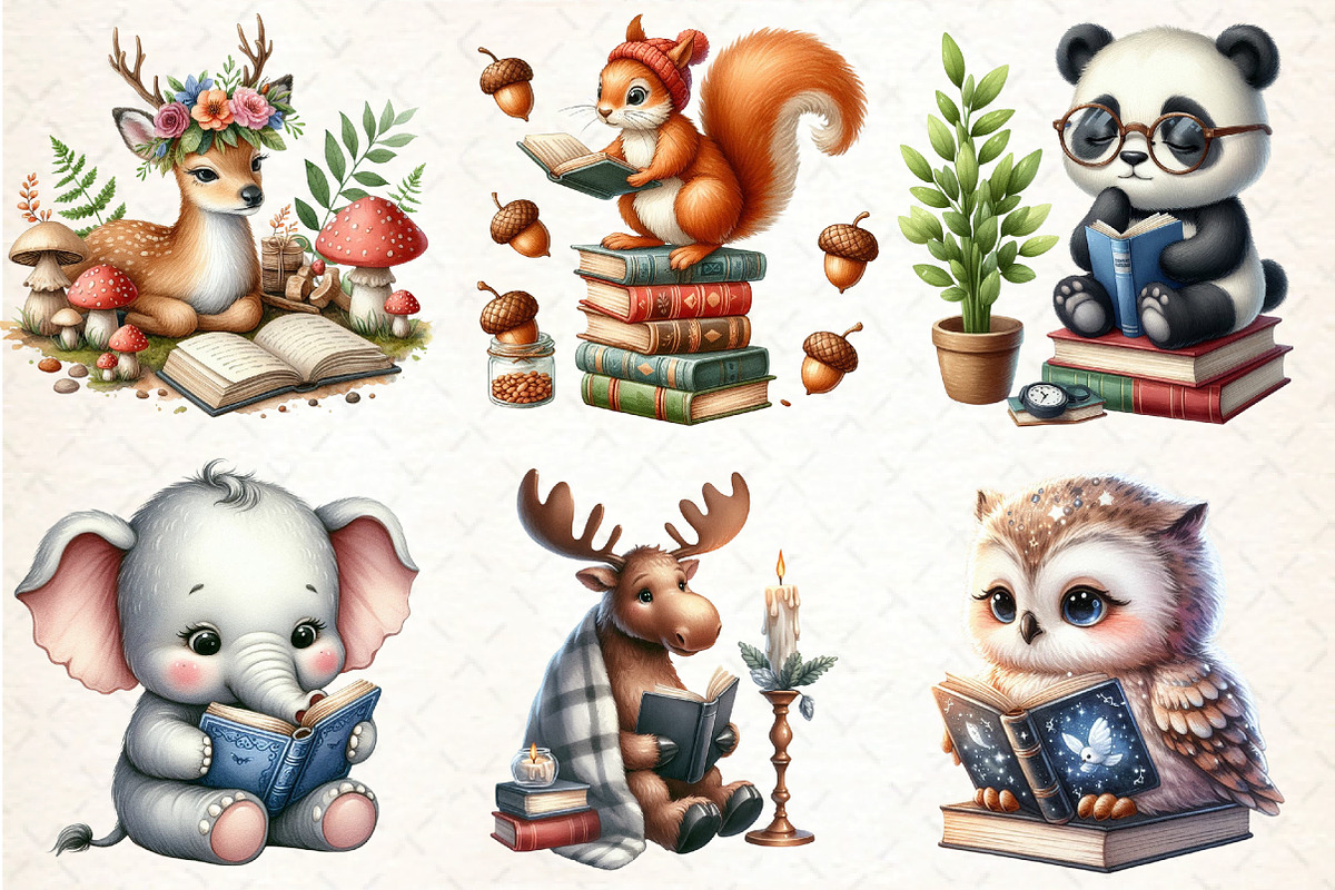 Animals Reading Books Clipart, an Illustration by DreamCafeArt (Photo 4 of 6)