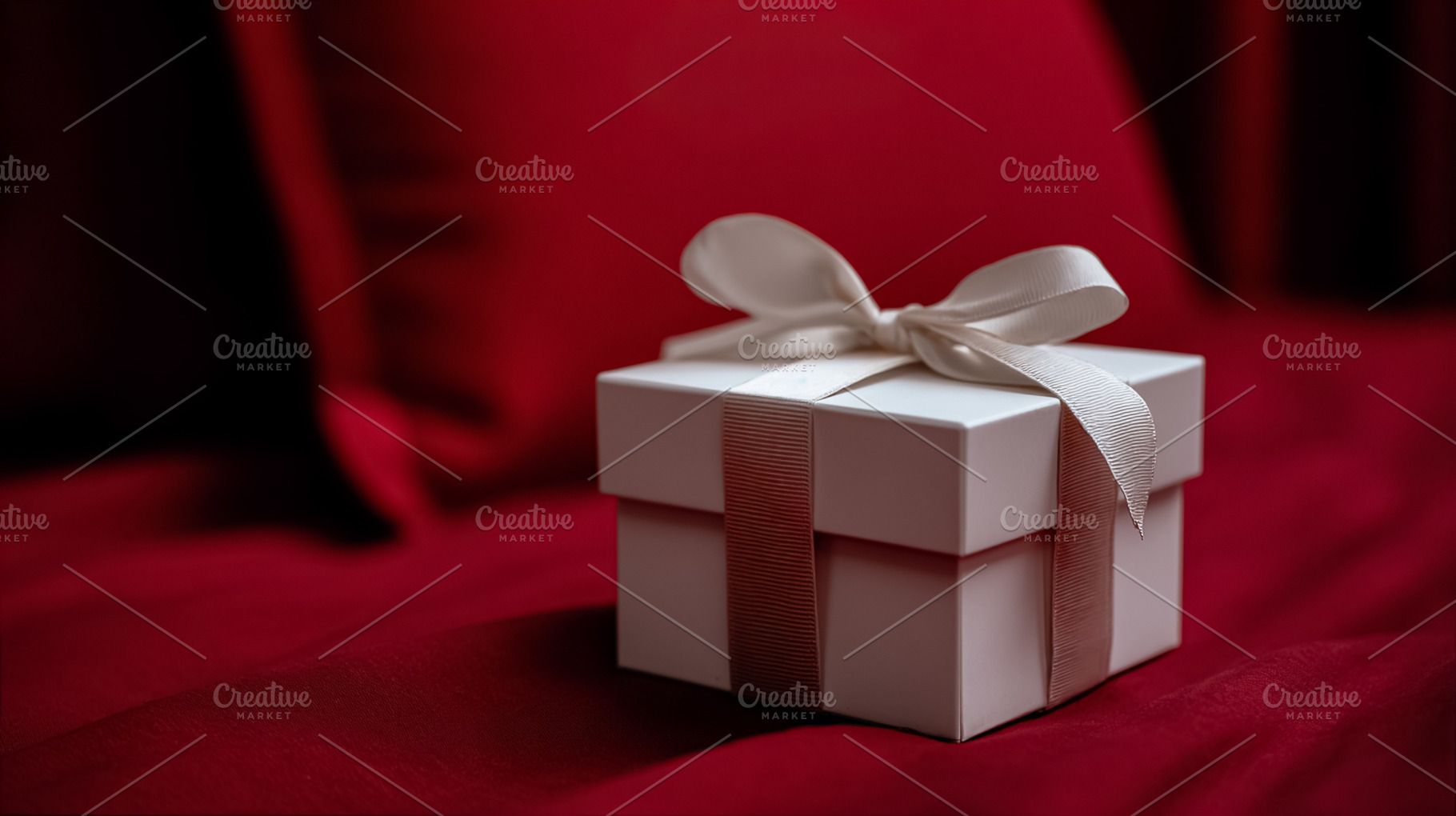 White gift box with ribbon on red background creating a romantic, a Photo by Studio ANNA