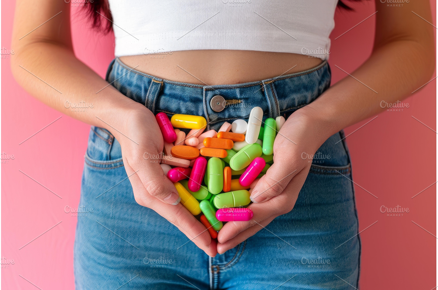 Woman holding colorful pills in, a Health & Medical Photo by Ylivdesign