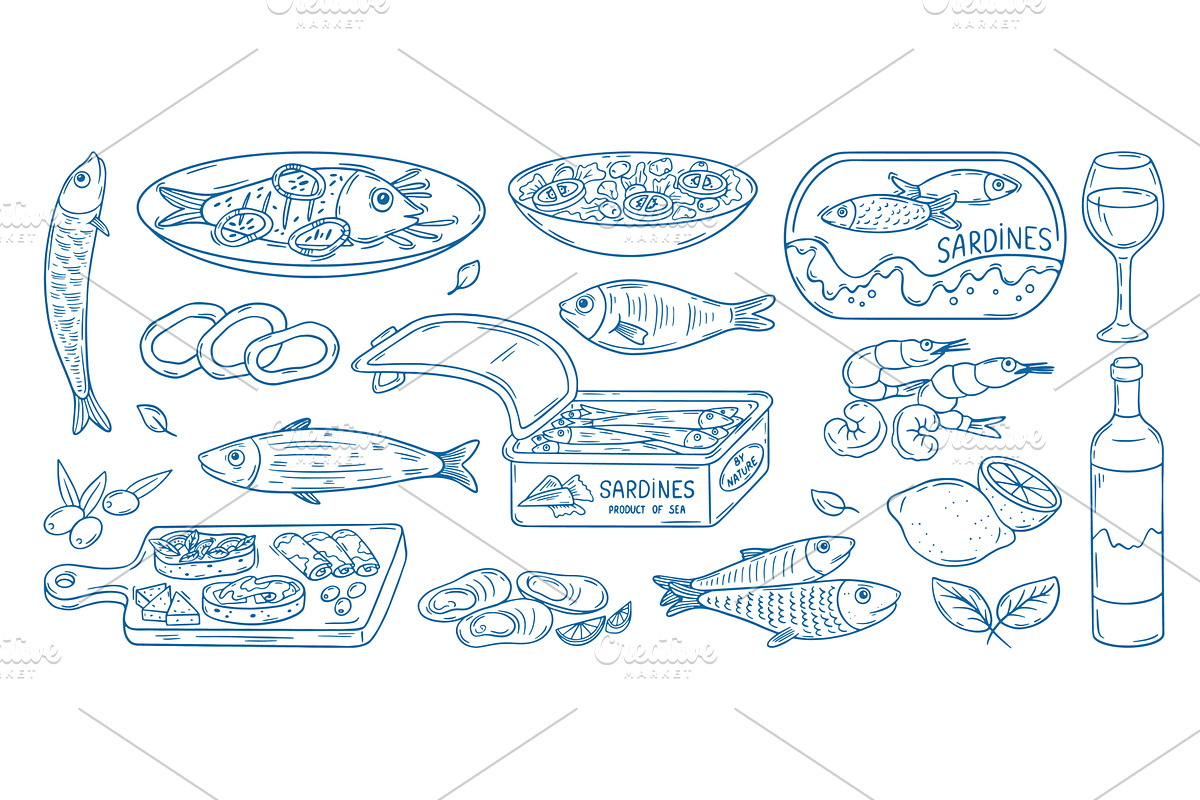 Doodle italian seafood. Shrimps, a Food Illustration by Valerie Bodnar