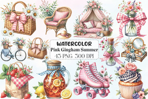 Bohemian Pink Gingham Summer Clipart, an Illustration by CraftArtStudio
