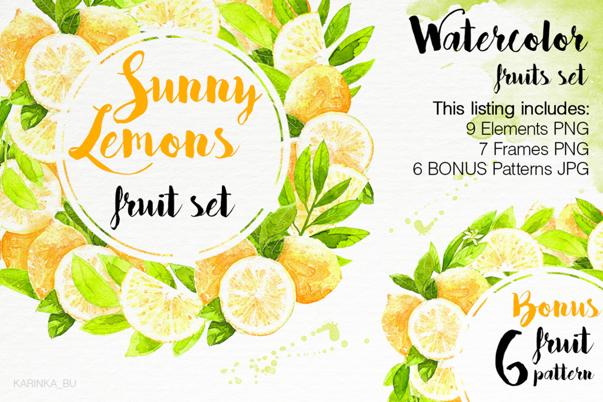 Watercolor Lemons Set illustrations., a Food Illustration by KarinkaBU (Photo 1 of 7)