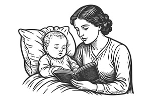 Mother reading bedtime story to, a Person Illustration by AlexArt