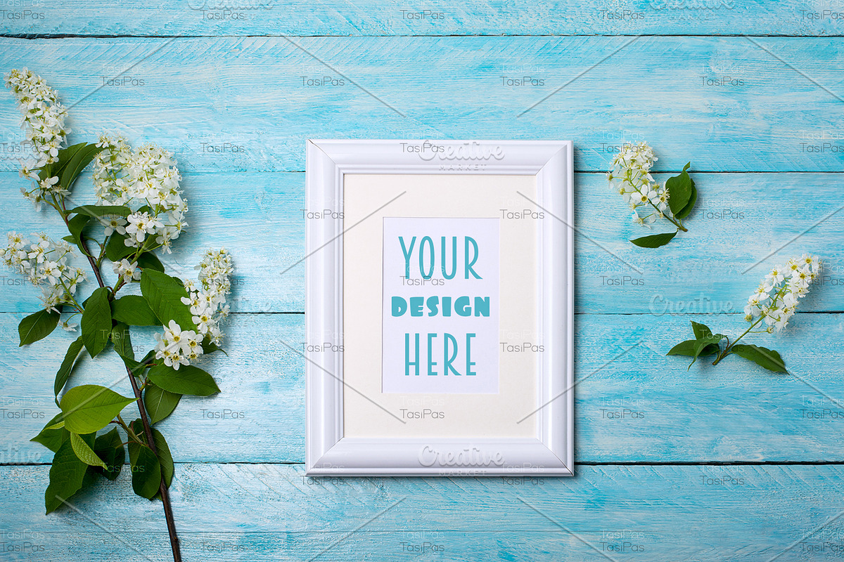 White frame mockup on blue, a Print Template by TasiPas (Photo 2 of 4)