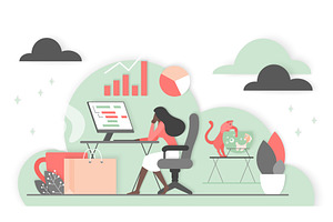 Woman Working From Home With Cloud, a Technology Illustration by Lemberg Vector