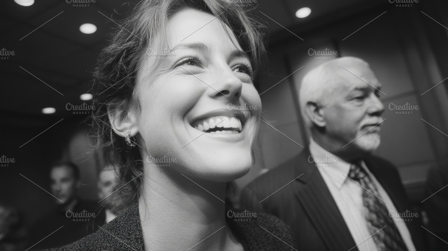 Happy woman at a professional event, smiling portrait with a man in suit in the, a Photo by AS photostudio