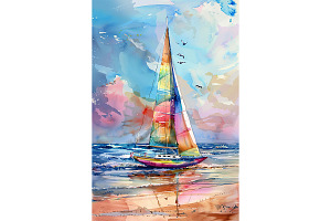 Colorful Sailboat Art Ocean Birds, a Decorative Illustration by Art Paradise Studios