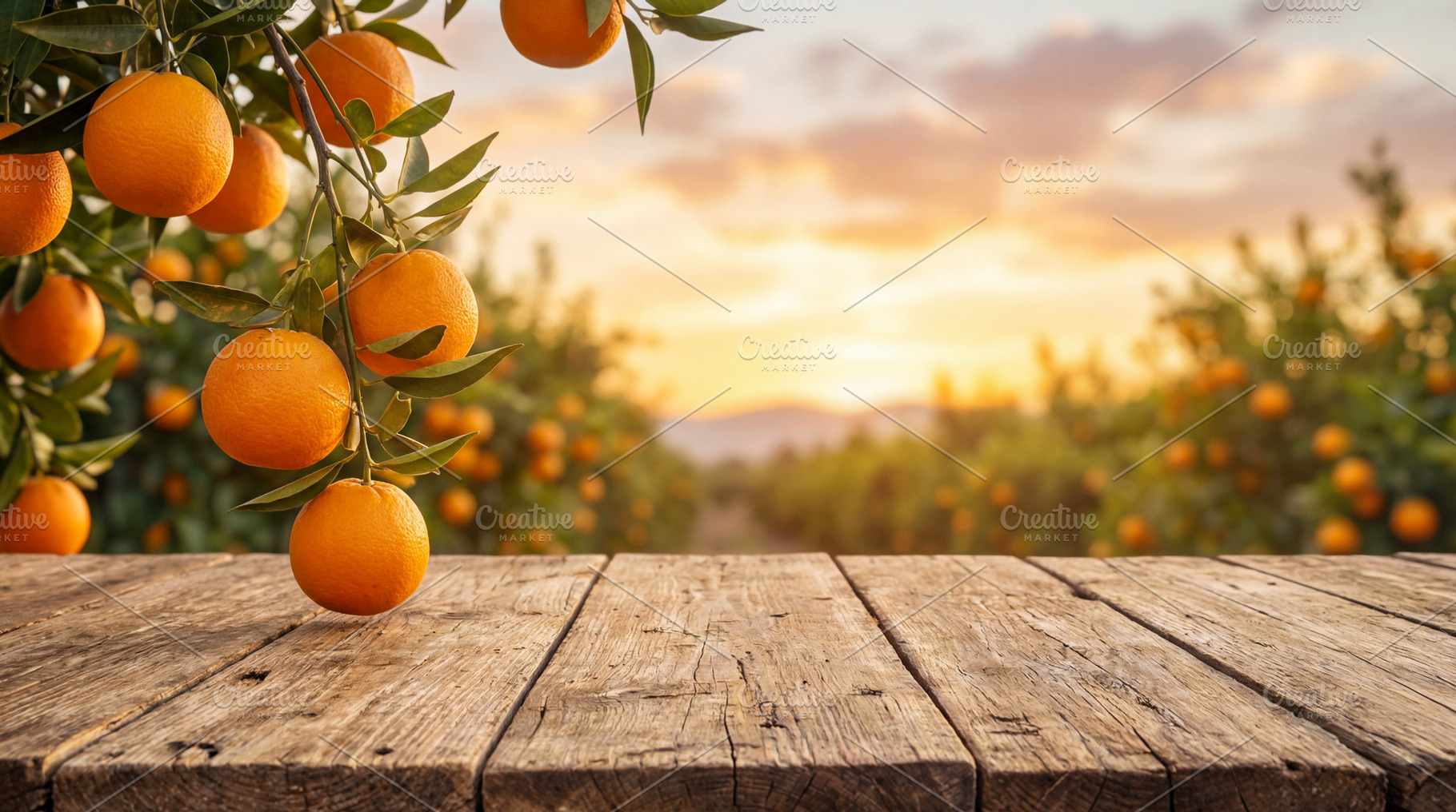 Wooden tabletop on a orange garden, a Food & Drink Photo by Volff