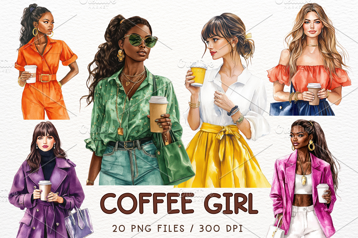 Coffee Girl Clipart Watercolor PNG, a Decorative Illustration by Maysa Art (Photo 1 of 4)