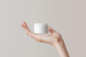 Female model hand holding cosmetic jar on grey background, a Beauty & Fashion Photo by AlyaAnd