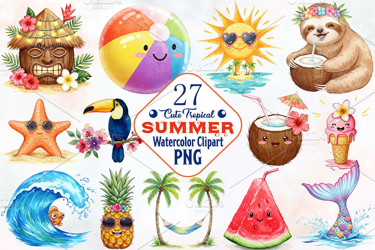Cute Tropical Summer Clipart, an Illustration by RobertsArt (Photo 1 of 7)
